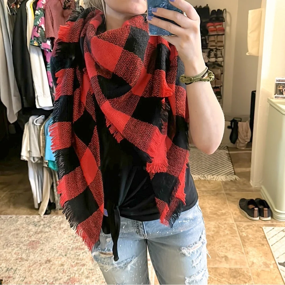 Red Black Plaid Oversized Scarf